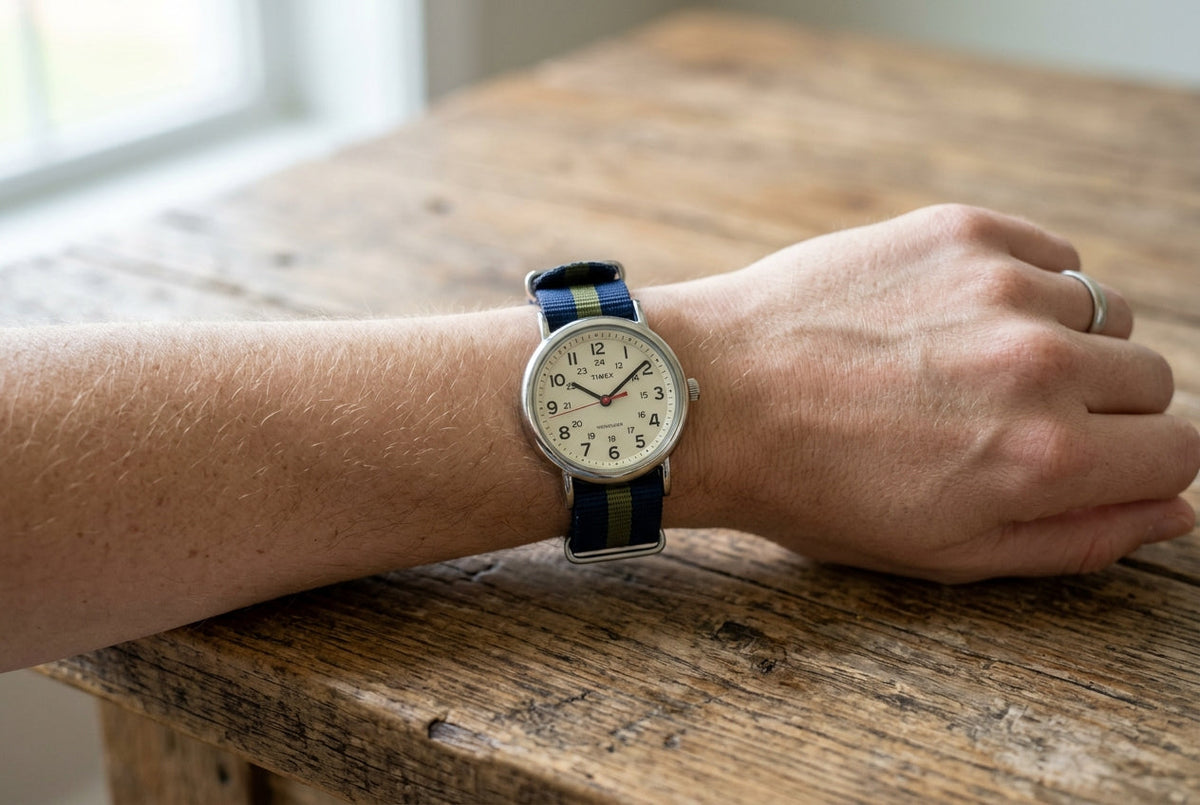 A close-up of a person's wrist wearing a watch, resting on a rustic wooden table.
