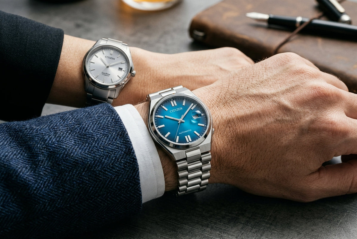 Two individuals display watches on a table, showcasing different styles and designs for comparison.