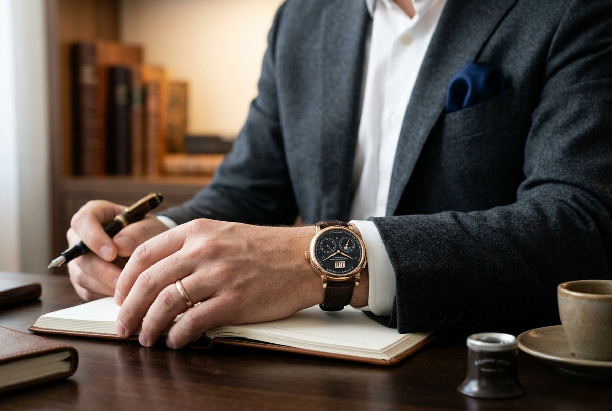 A man in a suit is seated, writing notes in a notebook with a focused expression.