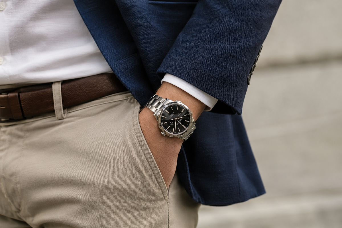 A man in a suit and tie is wearing a stylish watch on his left wrist, showcasing a professional appearance.