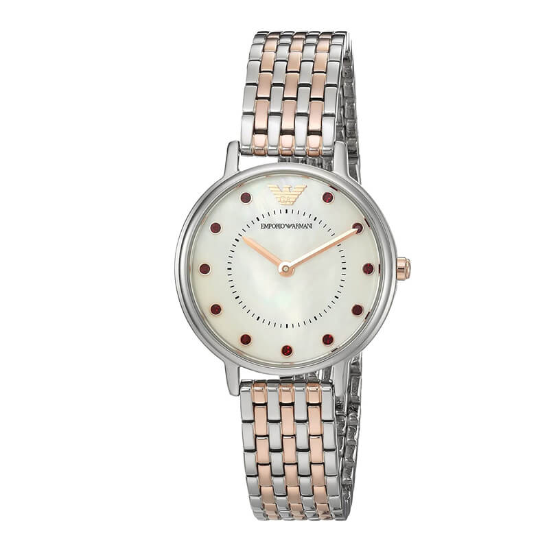 Emporio Armani AR2515 watch front view with burgundy hour markers and rose gold accents