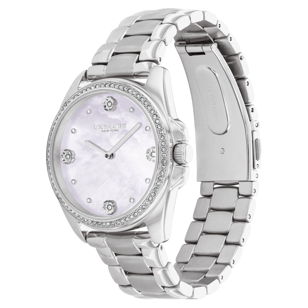 Coach Greyson watch shown at angle displaying case, crystal bezel, mother-of-pearl dial, and stainless steel bracelet