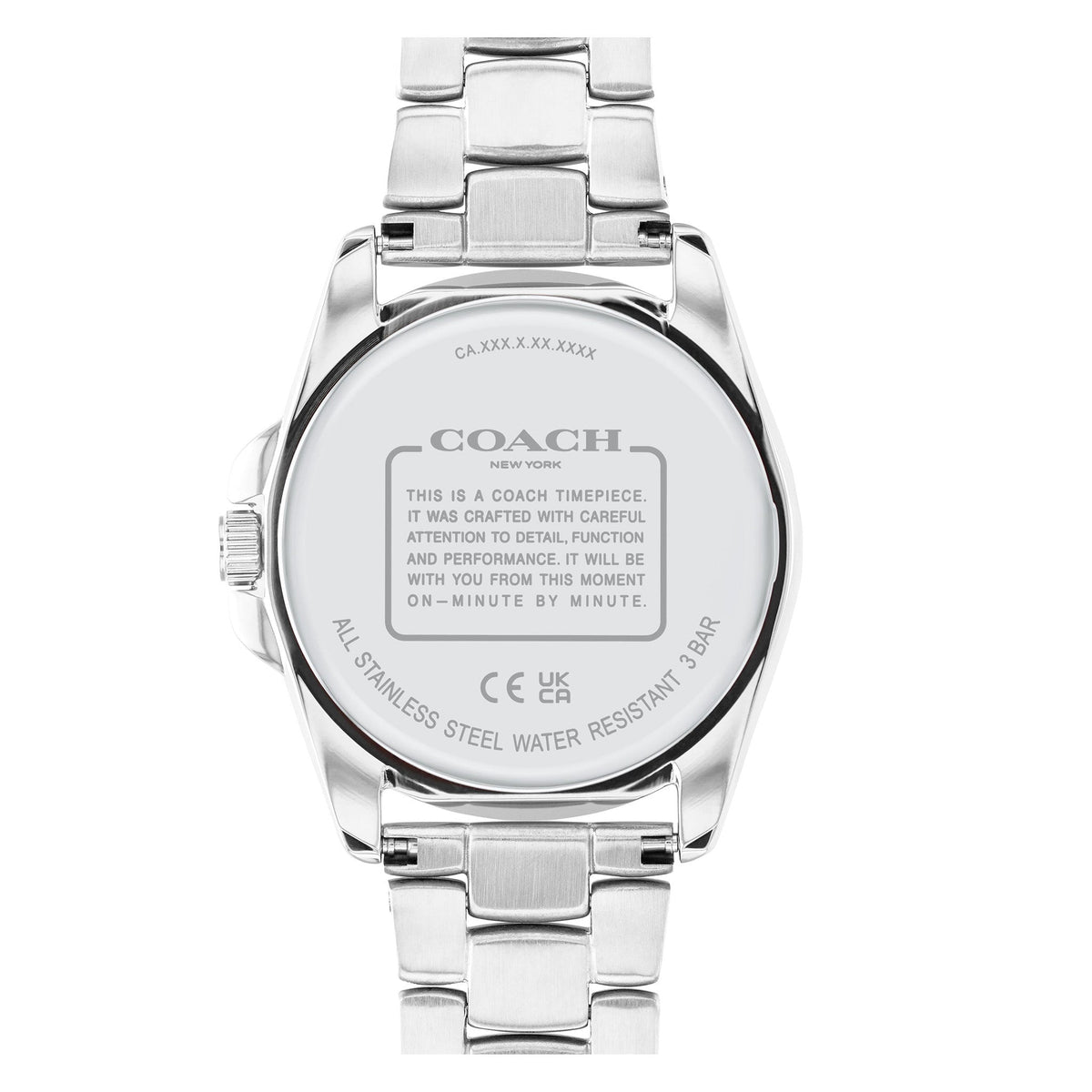 Coach Greyson caseback engraved with Coach branding, New York marking, and water resistant specifications