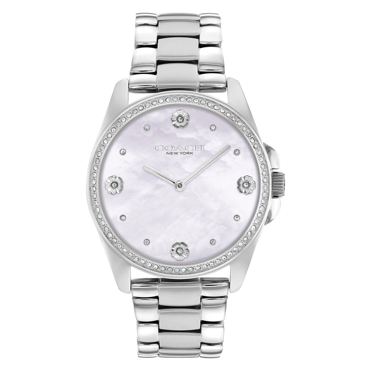 Coach Greyson women's watch with silver stainless steel case, crystal-accented bezel, mother-of-pearl dial, and matching bracelet