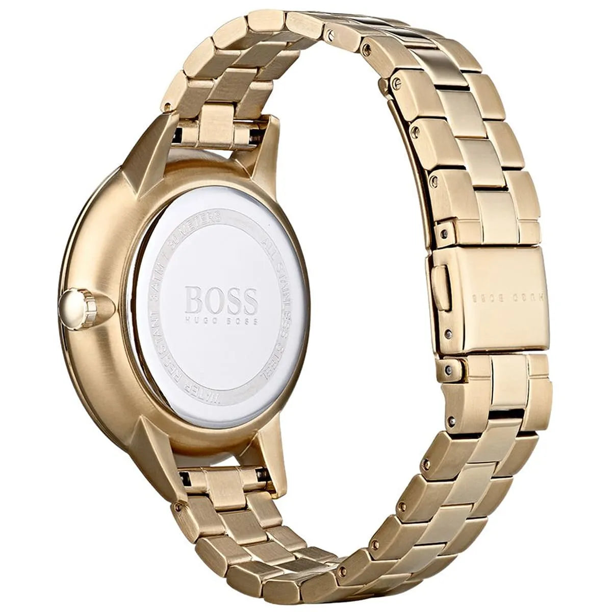 Hugo Boss Symphony watch from side angle showing gold-tone case profile and white caseback with BOSS logo
