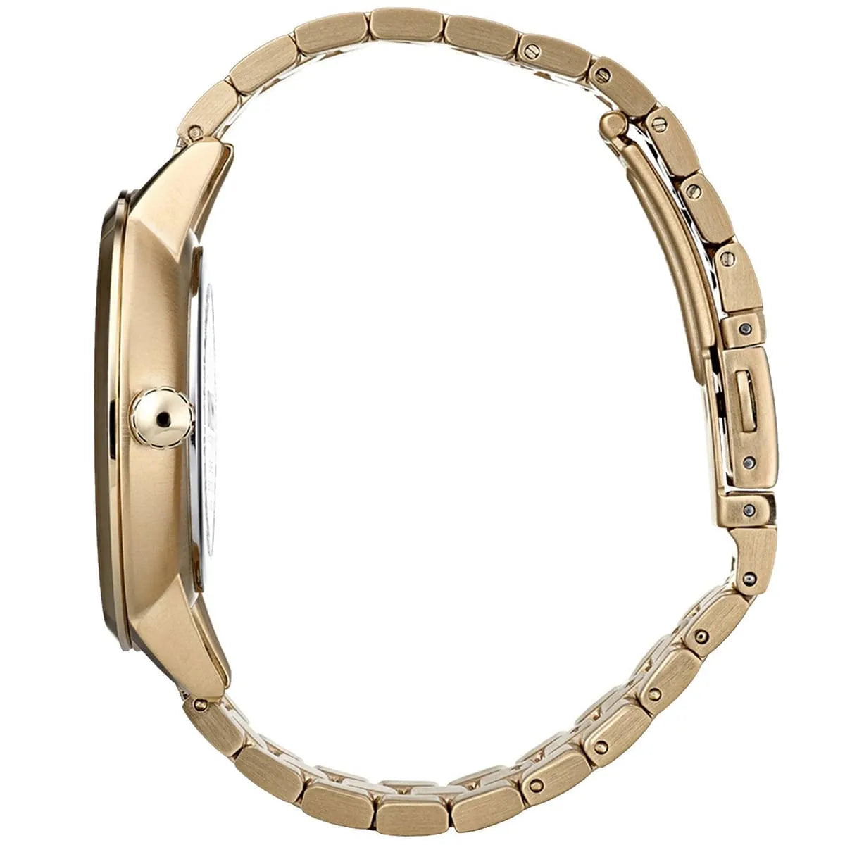 Hugo Boss Symphony watch side view showing gold-tone stainless steel bracelet links and case profile
