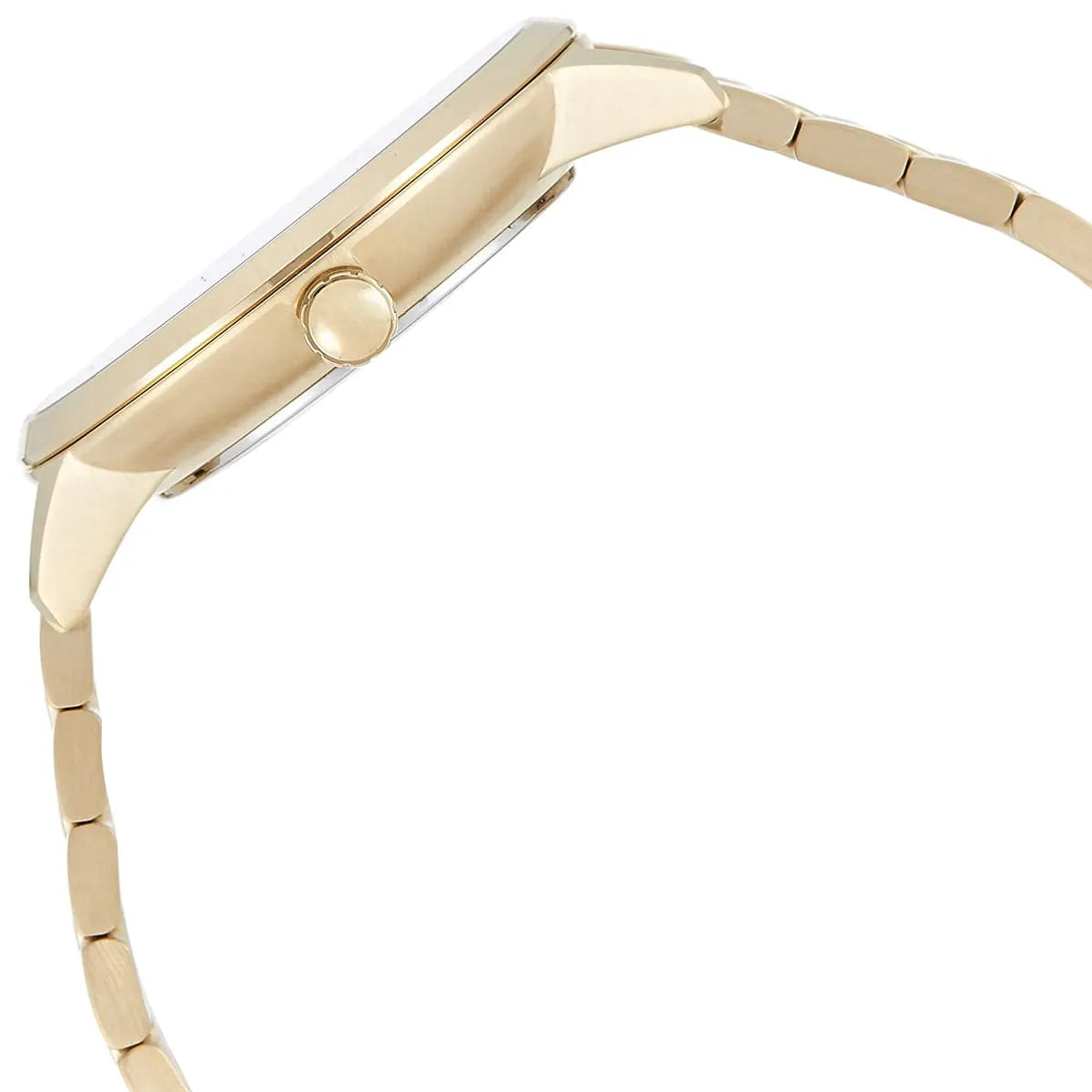 Hugo Boss Symphony watch strap and case side detail in gold-tone stainless steel with crown