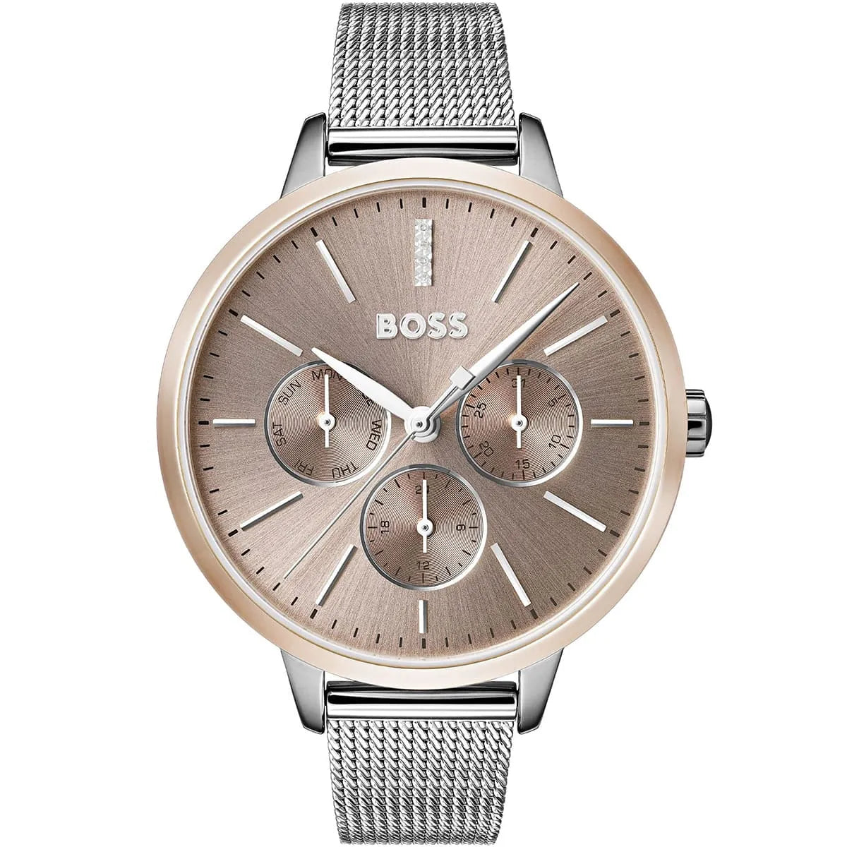 Hugo Boss Symphony women's watch with brown dial, rose-tone case, and silver mesh bracelet