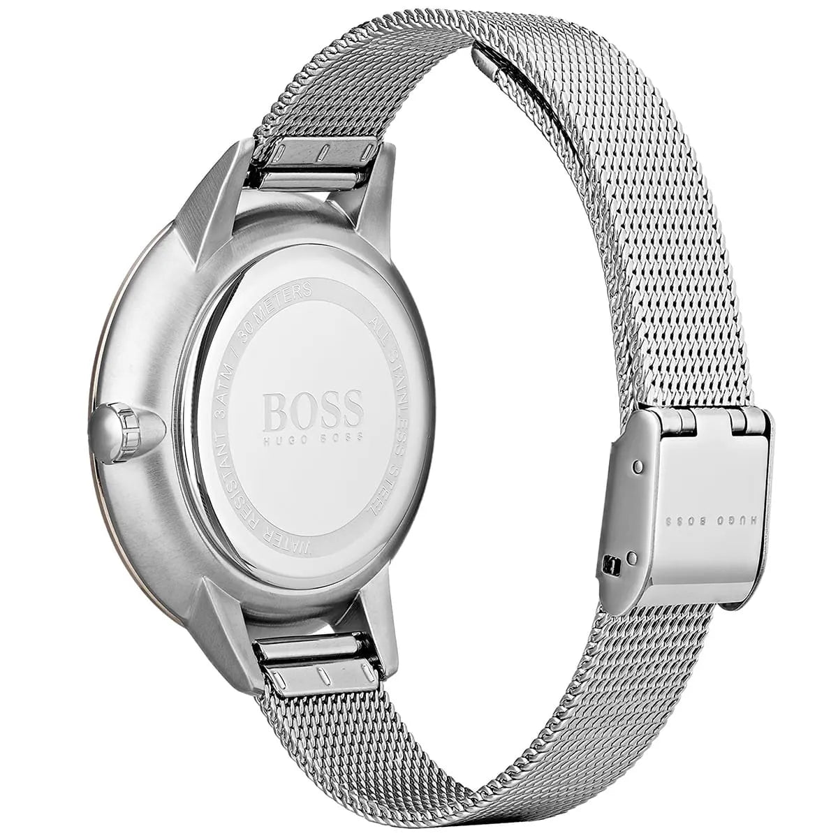 Hugo Boss Symphony watch side view with silver mesh bracelet and magnetic clasp