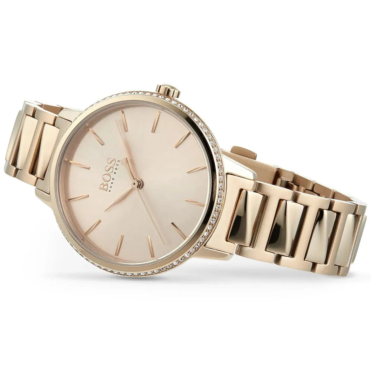 Hugo Boss Signature women's watch on wrist with rose gold bracelet