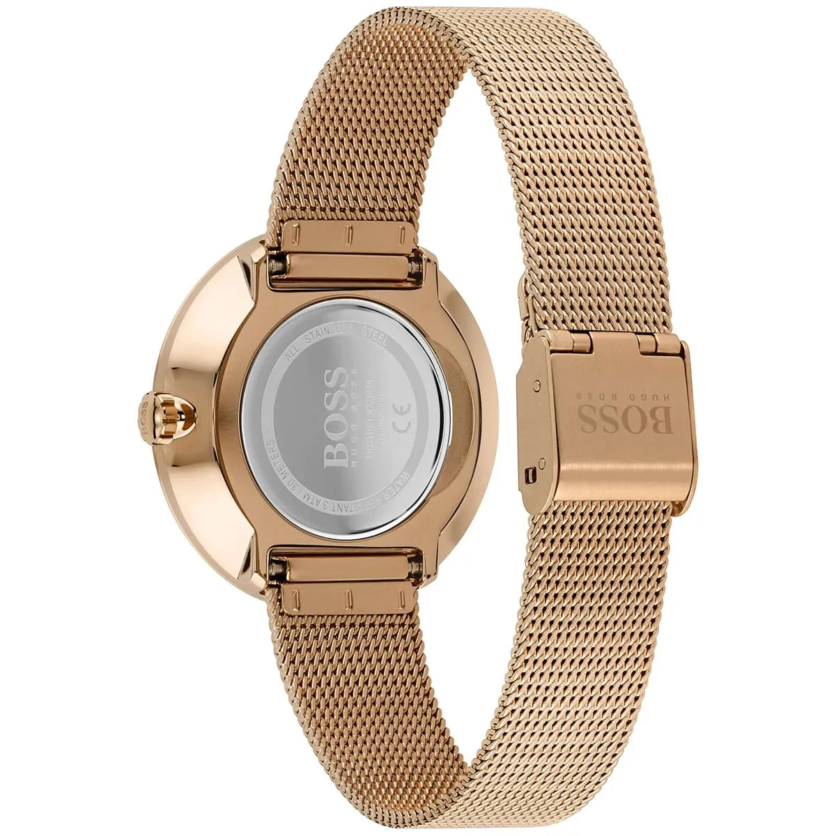 Hugo Boss Praise caseback showing stainless steel case and fold-over clasp