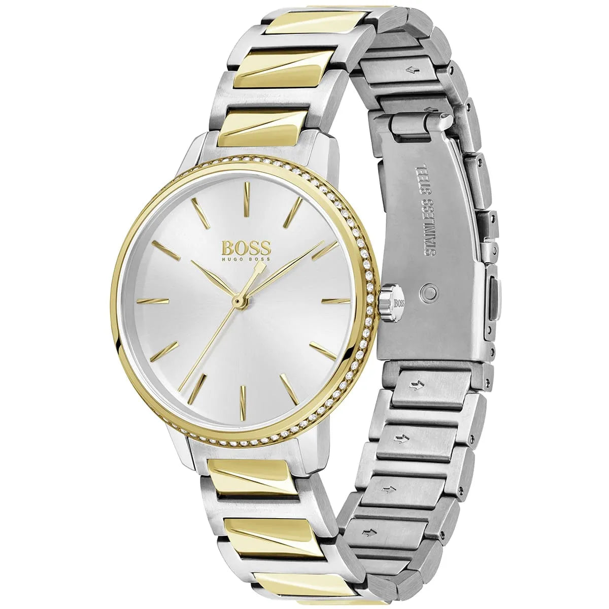 Hugo Boss Signature watch angled view showing silver dial and two-tone bracelet