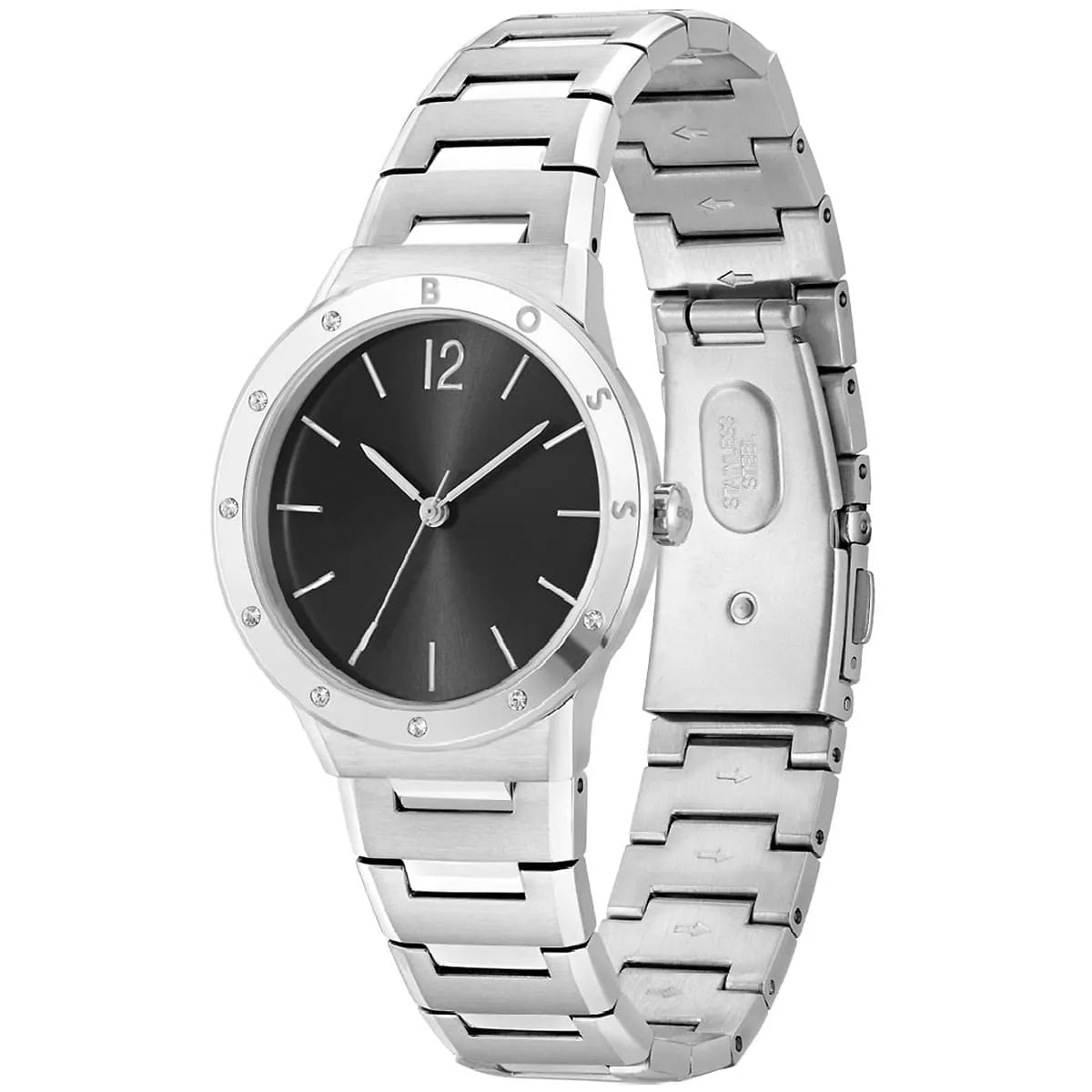 Hugo Boss Breath watch three-quarter view showing black dial and metal band