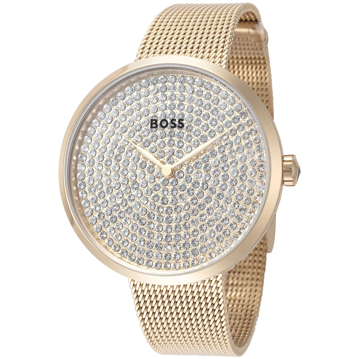 Three-quarter view of Hugo Boss women's watch showing crystal-set dial and mesh bracelet