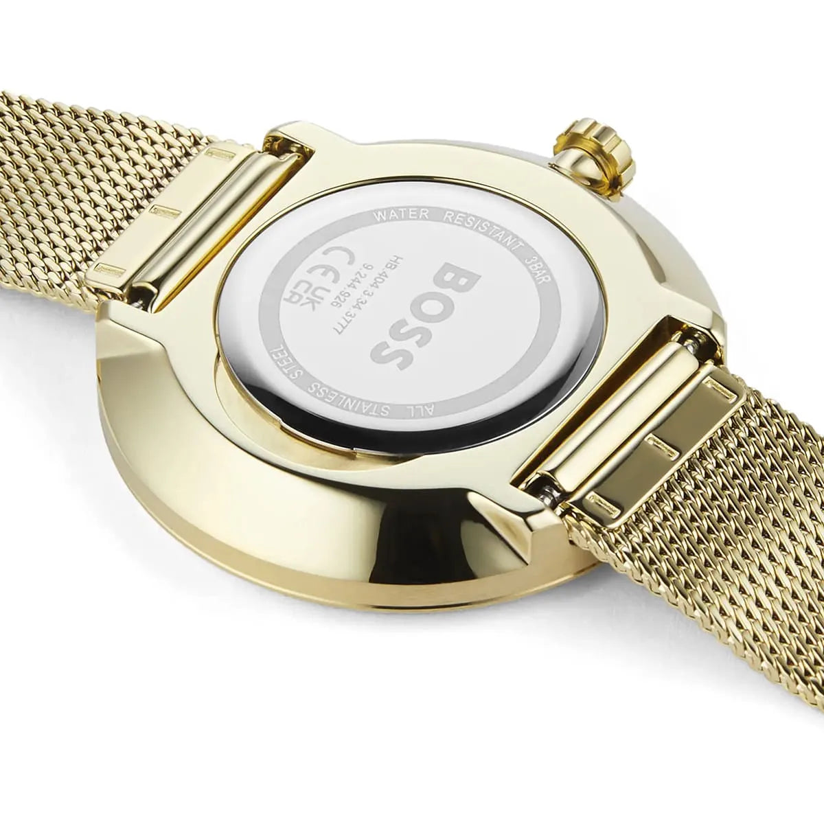 Close-up of Hugo Boss watch case back and mesh strap attachment details