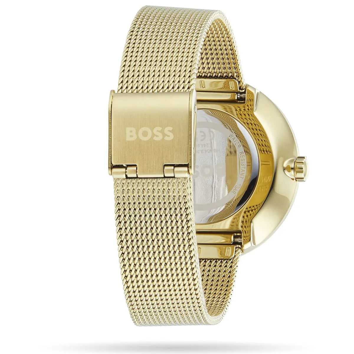 Side profile of Hugo Boss Glamorous Praise watch with mesh strap and case back