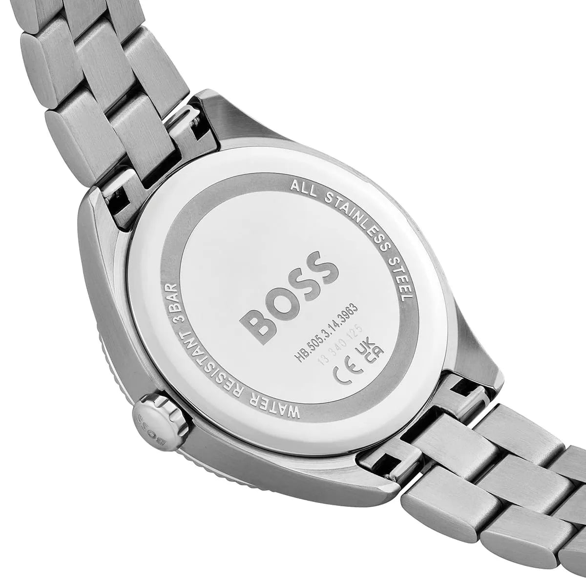 Detail view of Hugo Boss Sage caseback with specifications and stainless steel strap