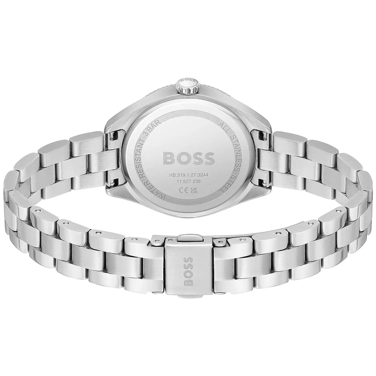 Hugo Boss Sage watch caseback showing stainless steel construction and specifications