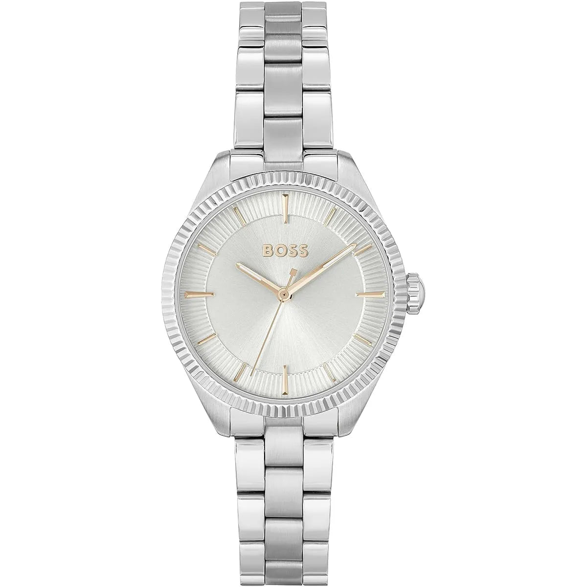 Hugo Boss Sage women's watch with silver dial, round case, and stainless steel bracelet