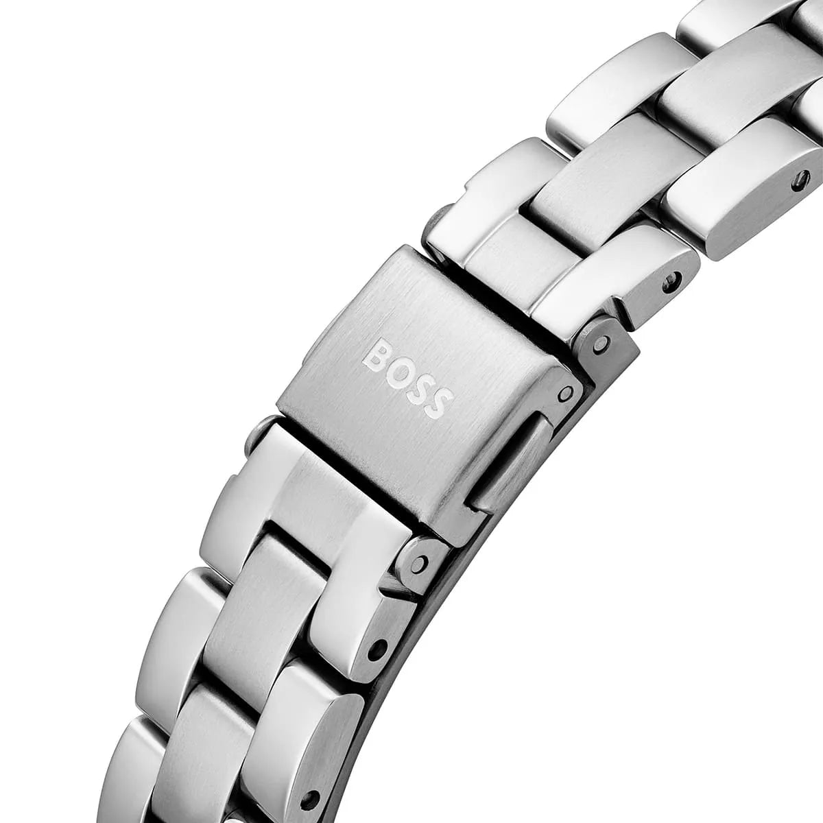 Stainless steel bracelet detail of Hugo Boss Sage women's watch with fold-over clasp