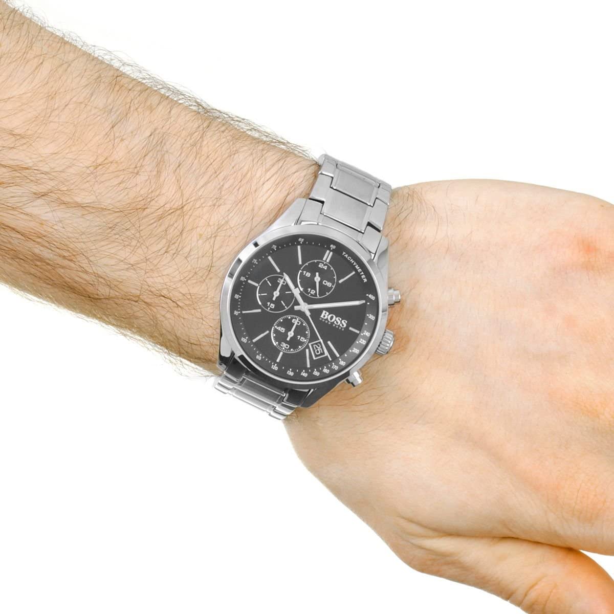 Hugo Boss chronograph men's watch worn on wrist with black dial