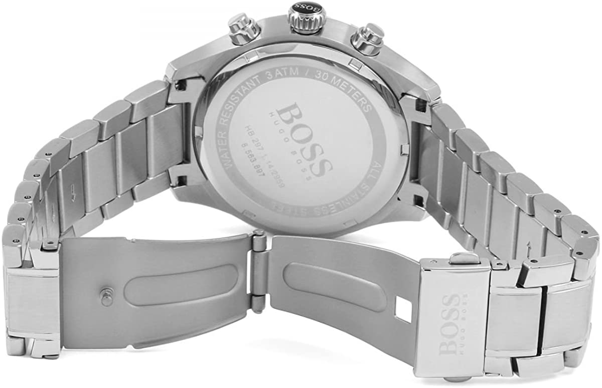 Hugo Boss chronograph watch side view displaying case and deployment clasp
