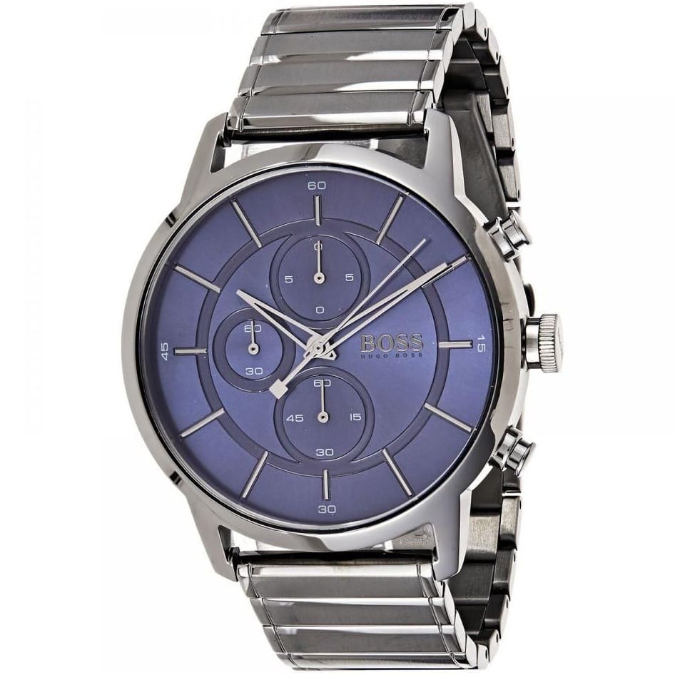 Hugo Boss chronograph watch angled view showing blue dial and gray stainless steel bracelet