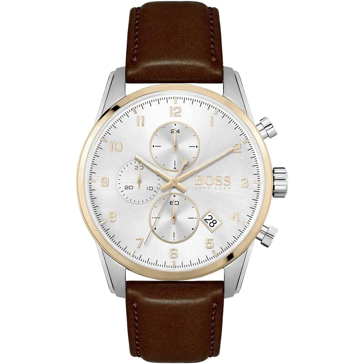 Hugo Boss Skymaster chronograph watch with silver case, white dial, and brown leather strap