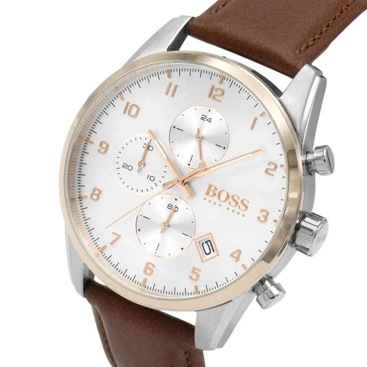 Hugo Boss Skymaster chronograph watch side view with brown leather strap