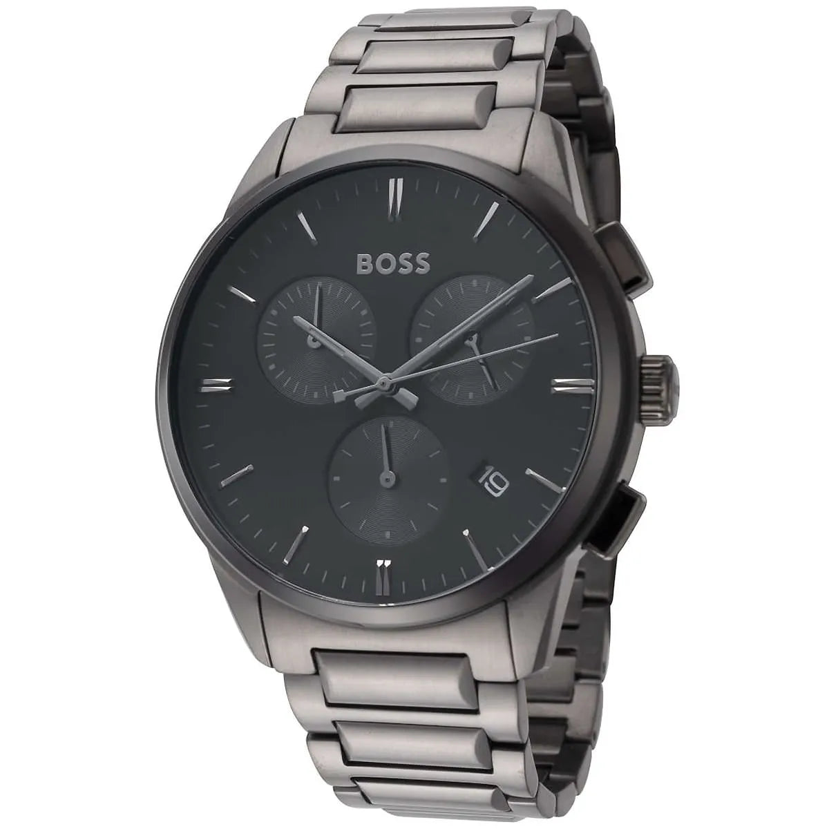 Hugo Boss Dapper watch displayed at angle, showing black chronograph dial with BOSS branding