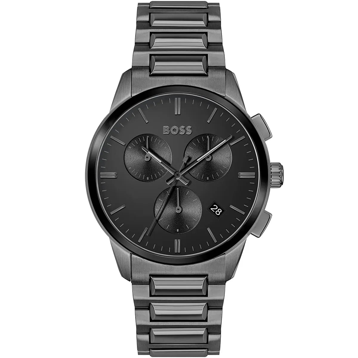 Hugo Boss Dapper chronograph watch with black dial and three sub-dials, gunmetal stainless steel bracelet