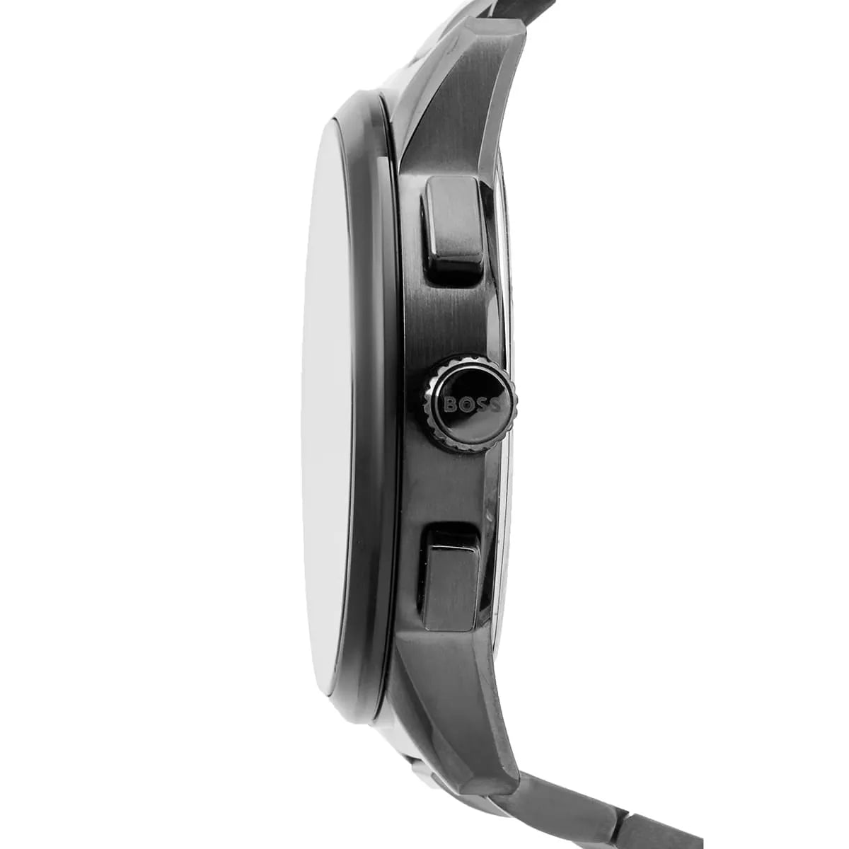 Hugo Boss Dapper watch side view displaying crown, chronograph pushers, and metal bracelet
