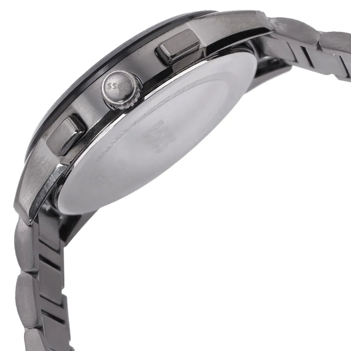 Hugo Boss Dapper watch side profile showing case thickness and chronograph pushers