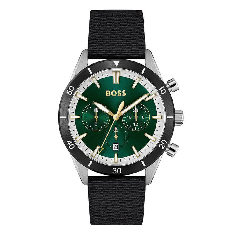 Hugo Boss Santiago 44mm chronograph watch with green dial and black textile strap front view