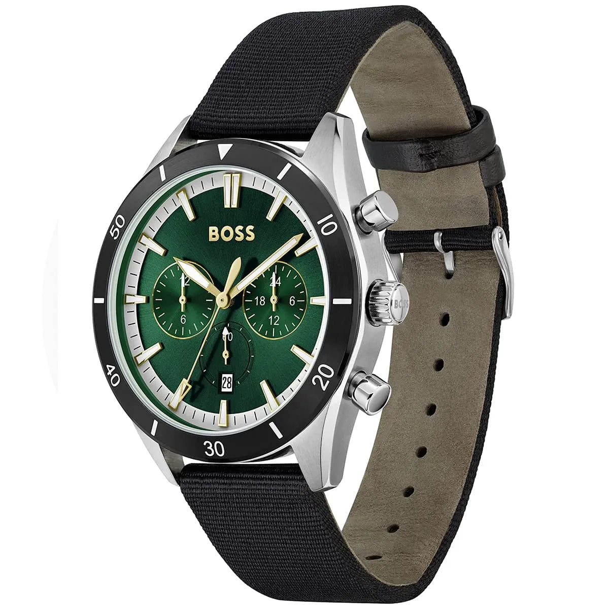 Hugo Boss Santiago chronograph watch displayed at angle showing green dial and black textile strap