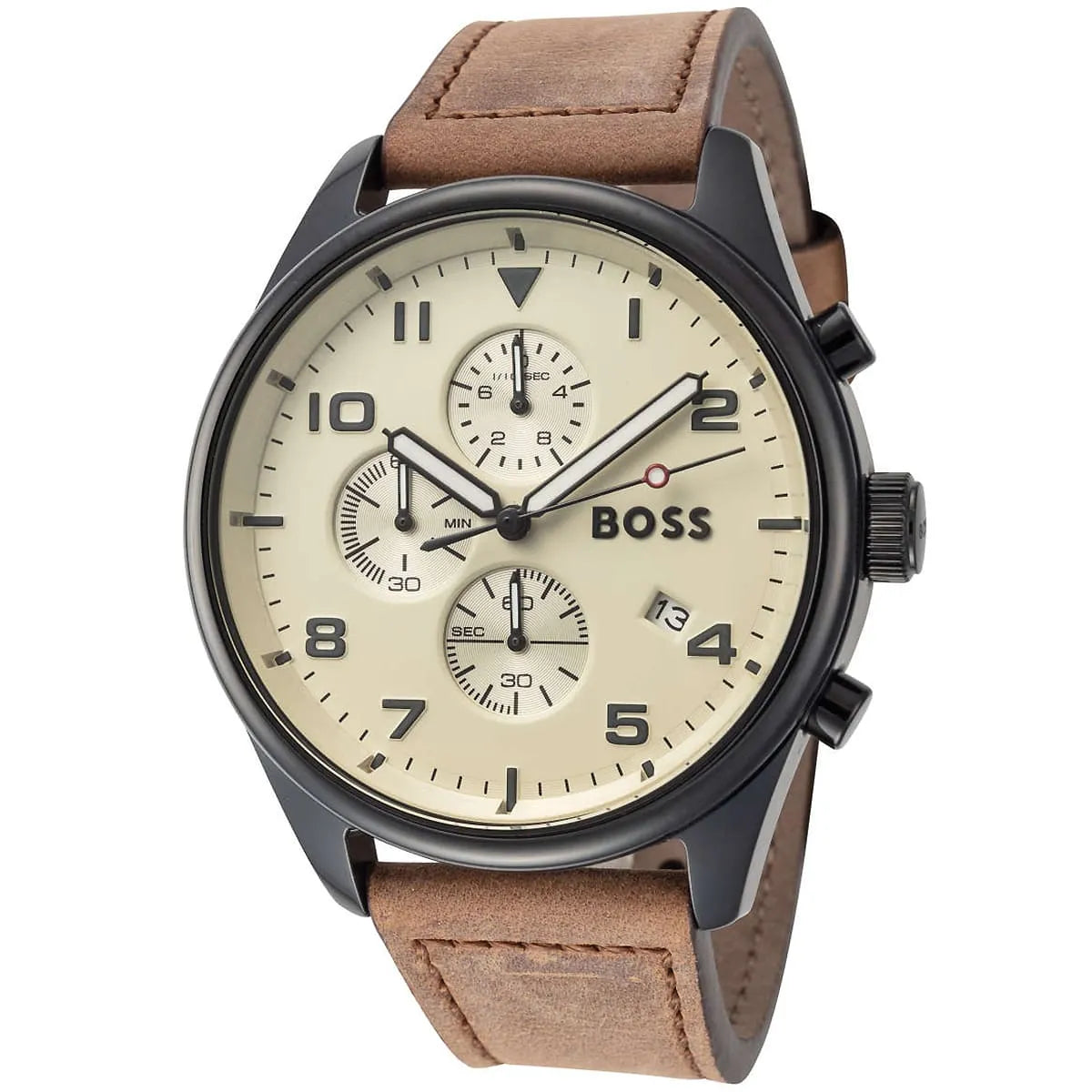 Hugo Boss View chronograph from angled view showing beige dial and three subdials