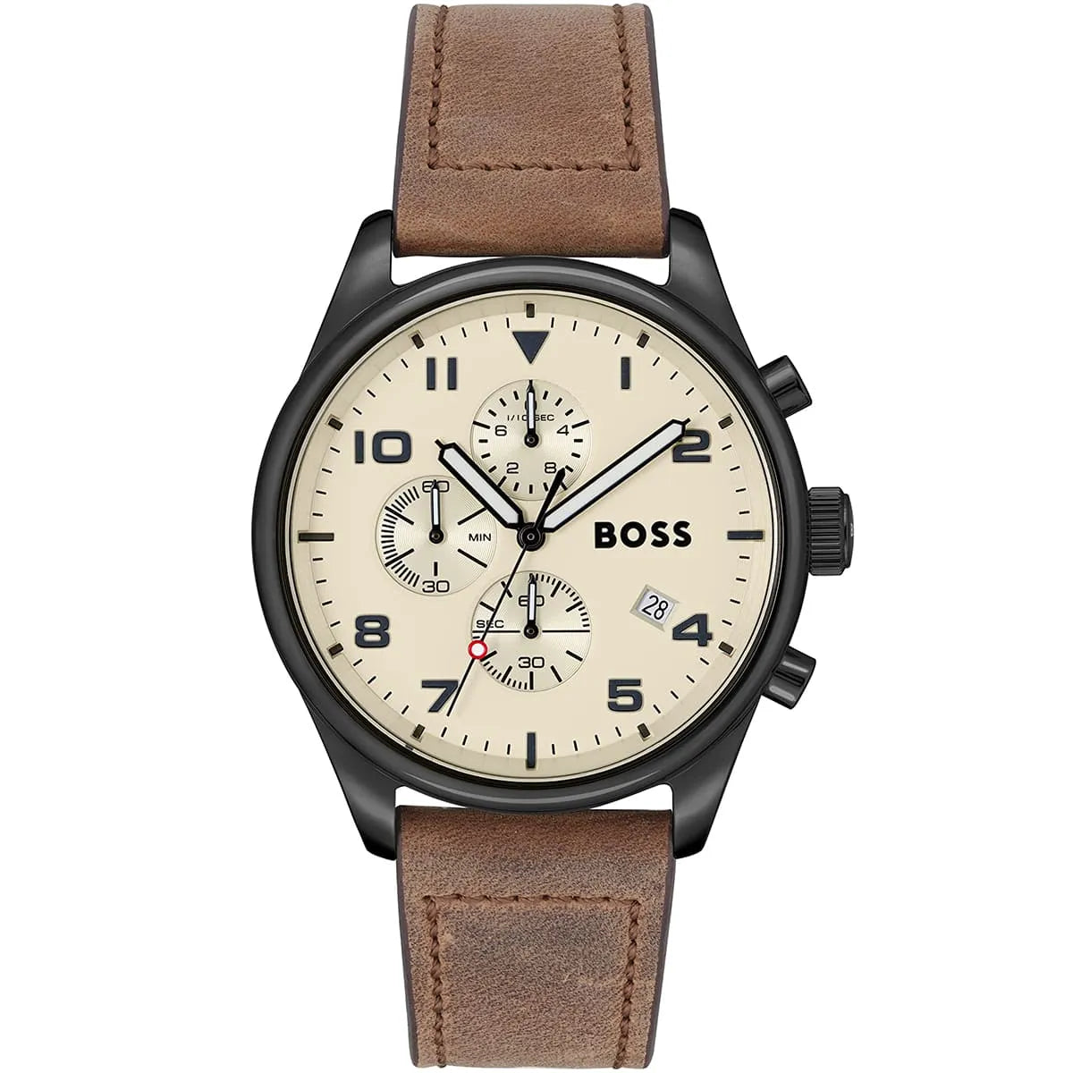 Hugo Boss View chronograph watch with beige dial, black case, and brown leather strap