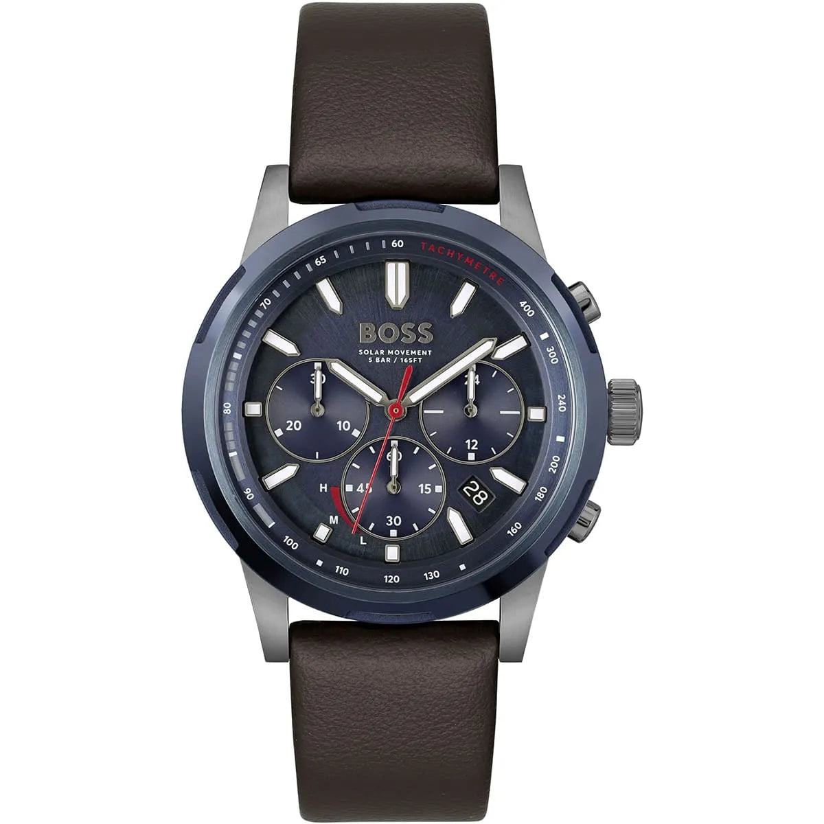 Hugo Boss Solgrade solar chronograph watch with blue dial, subdials, and brown leather strap