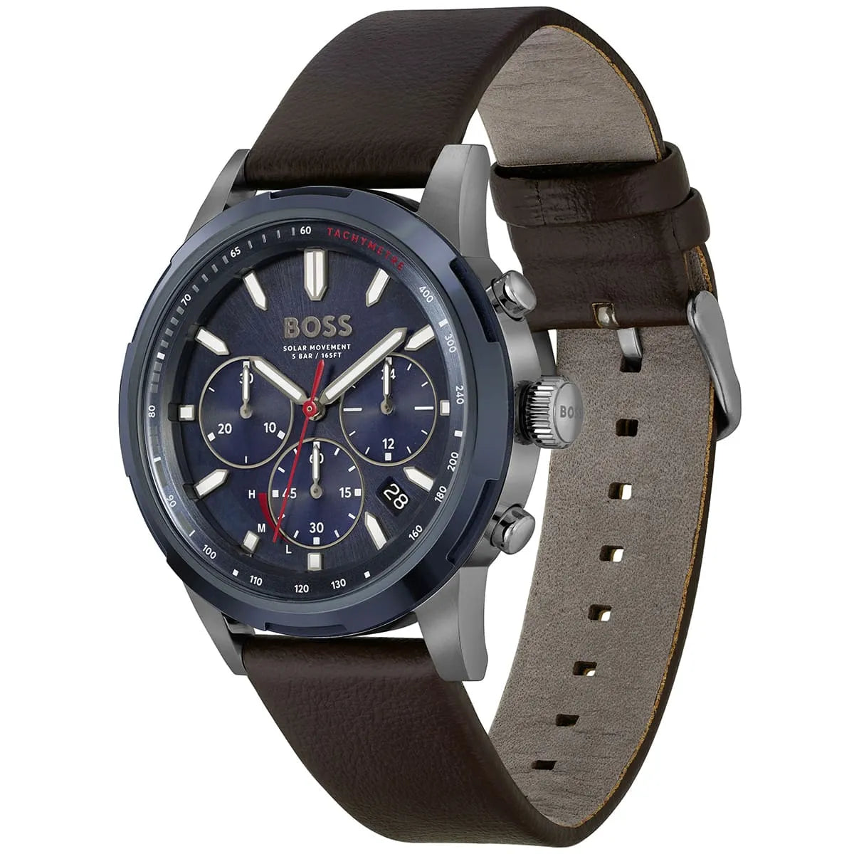 Hugo Boss Solgrade watch worn on wrist displaying chronograph subdials and brown leather strap