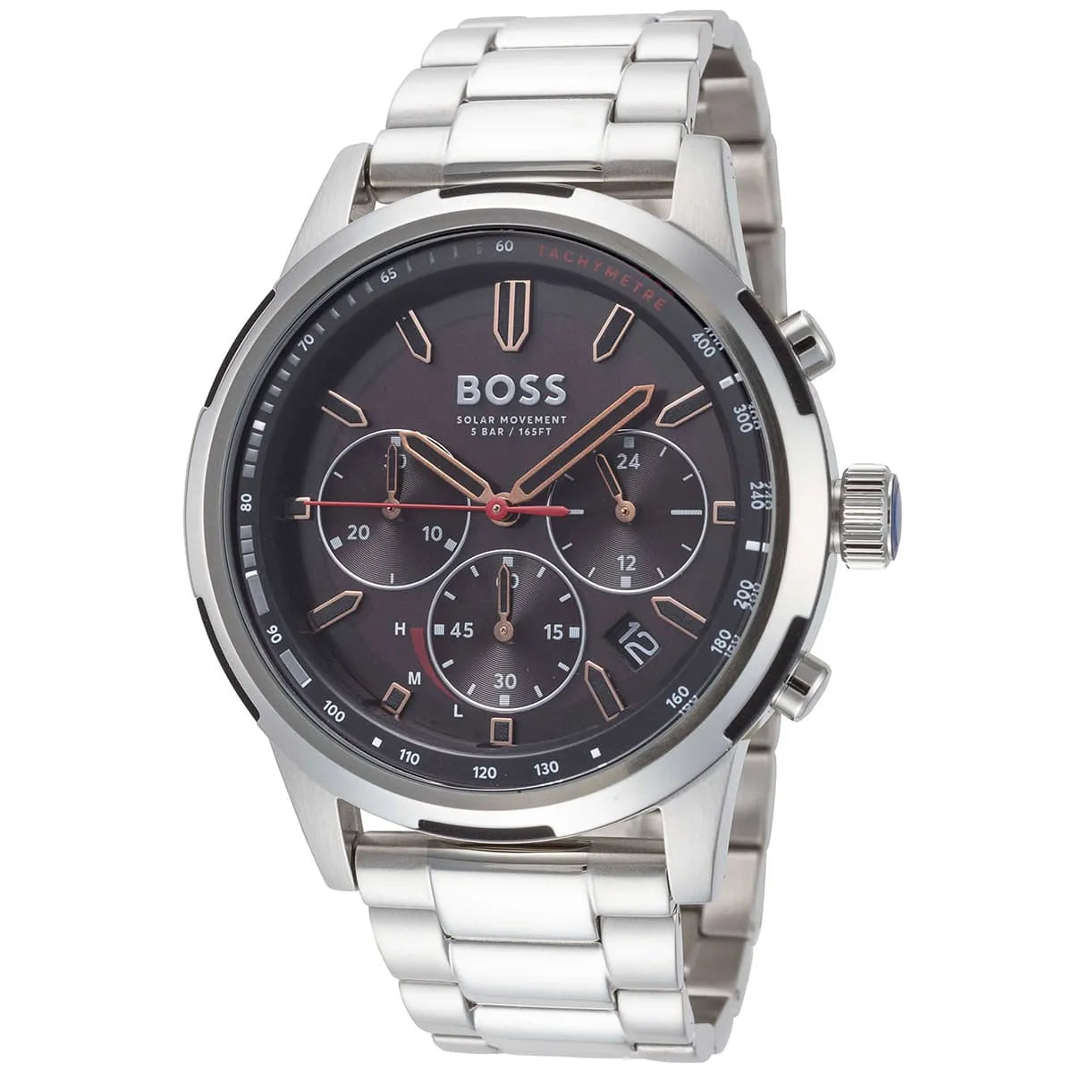 Hugo Boss Solgrade solar chronograph watch at three-quarter angle showing dial and bracelet