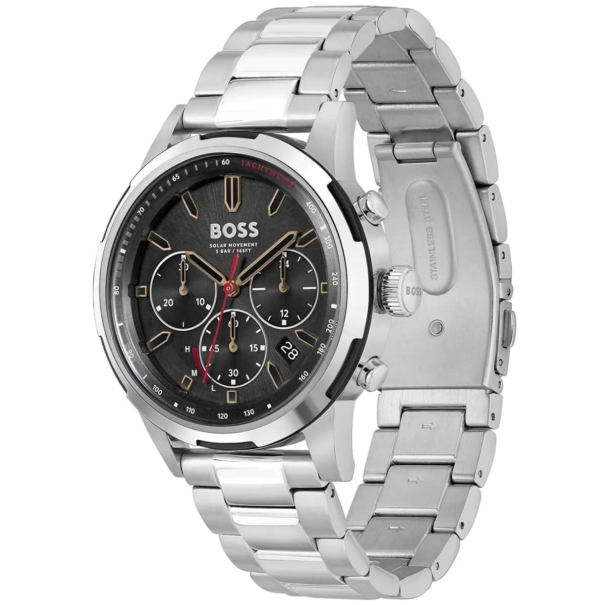 Side view of Hugo Boss Solgrade chronograph watch displaying stainless steel bracelet and case profile
