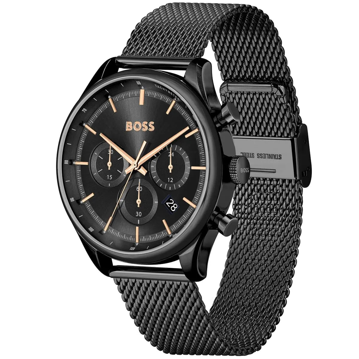 Hugo Boss Gregor chronograph watch angled view with mesh band and case detail