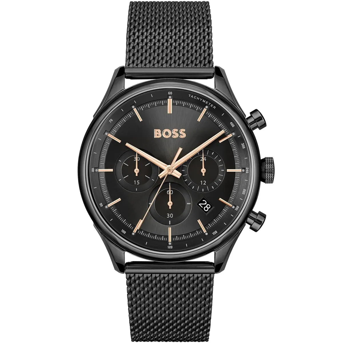 Hugo Boss Gregor black chronograph watch with rose gold hands and mesh bracelet