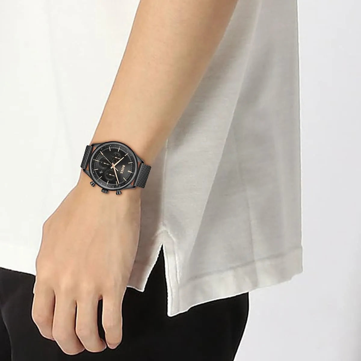 Hugo Boss Gregor chronograph watch worn on wrist with white sleeve