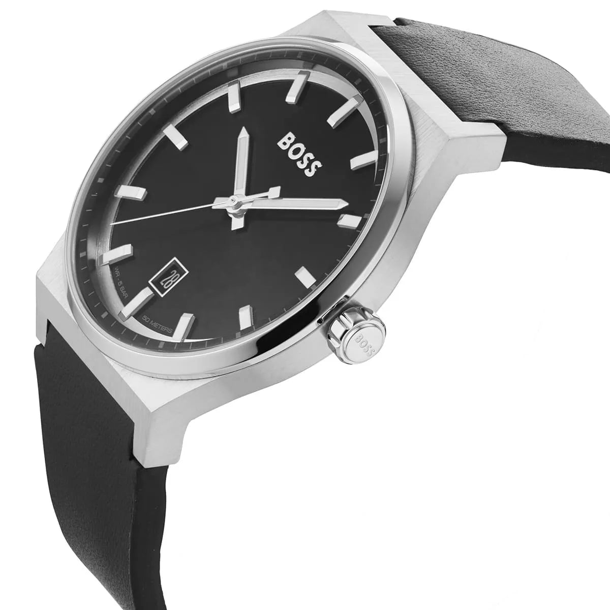Hugo Boss Candor watch side view with black leather strap