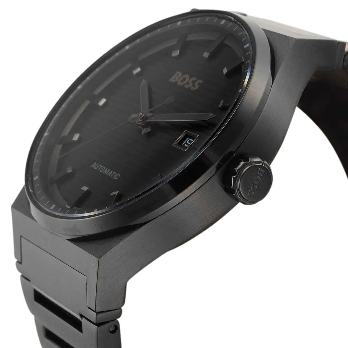 Three-quarter view showing Hugo Boss Candor dial and stainless steel case from side angle