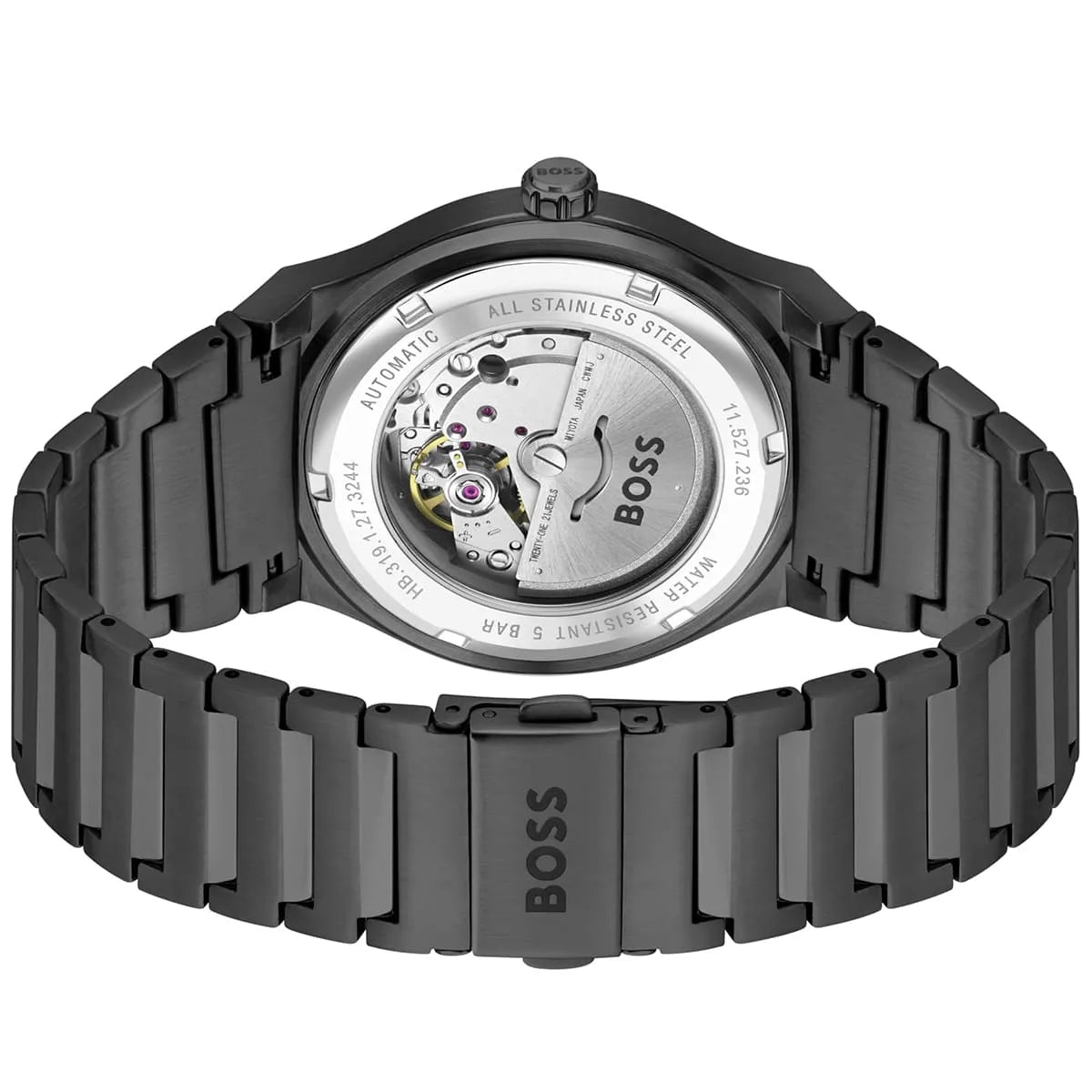 Case back of Hugo Boss Candor showing automatic movement and stainless steel backing