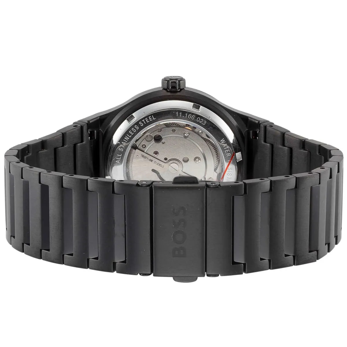 Rear view of Hugo Boss Candor with visible automatic movement through display caseback