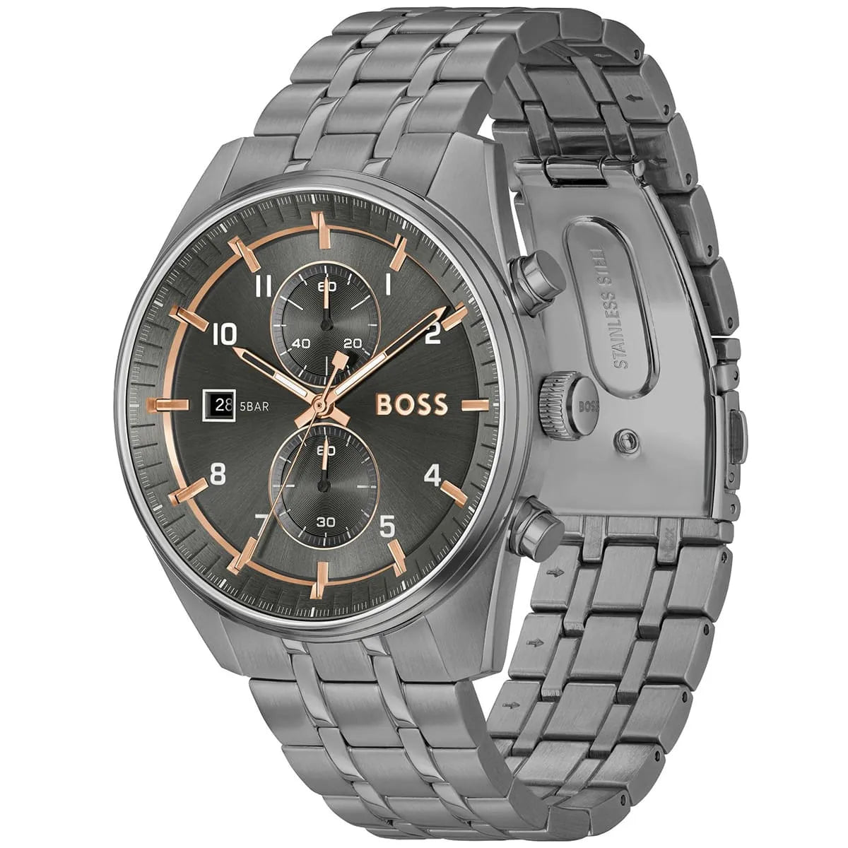 Hugo Boss Skytraveller watch at angle showing dial and stainless steel strap