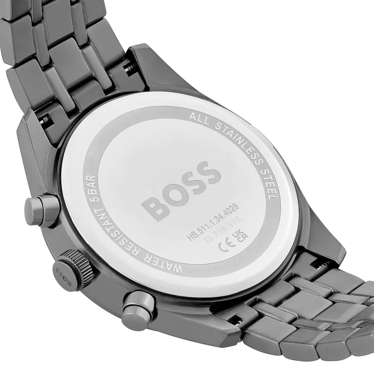 Hugo Boss Skytraveller watch case back detail with stainless steel bracelet
